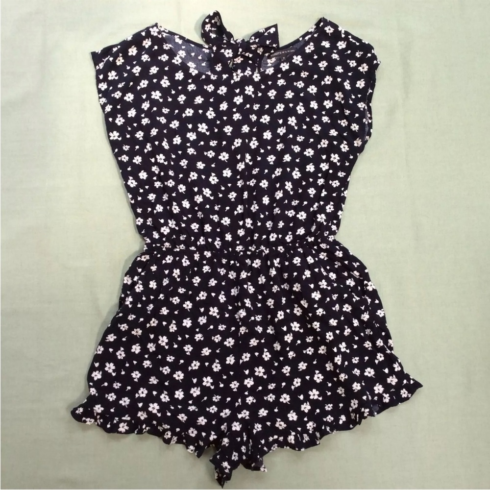 Rosette by Be Cool Romper Cap Sleeve Keyhole Tie Back Navy Blue White Floral M